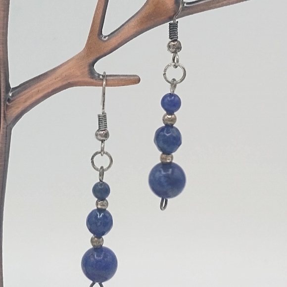 Sodalite Silver tone Dangle Drop Beaded French Hook Earrings Vintage - Picture 7 of 7